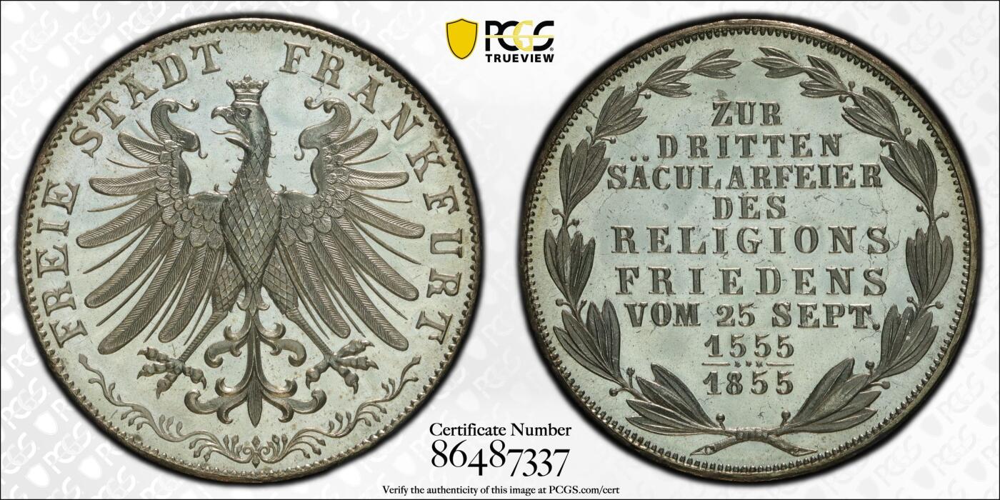 博洋堂“物美丰成”11月精品专场暨第145期（全场包邮） PCGS MS65PL 德国法兰克福1855年宗教和平300周年纪念2盾银币 PCGS唯一冠军分。无需多言的状态，视频中可以看到无限接近精制的状态，强镜面强凝霜感，与此前SBP2024年11月拍卖以2040美元落槌的NGC唯一冠军分PL的图片质感天差地别。此前这个品种从未有过精制的记录，换盒大概率可以冲击精制