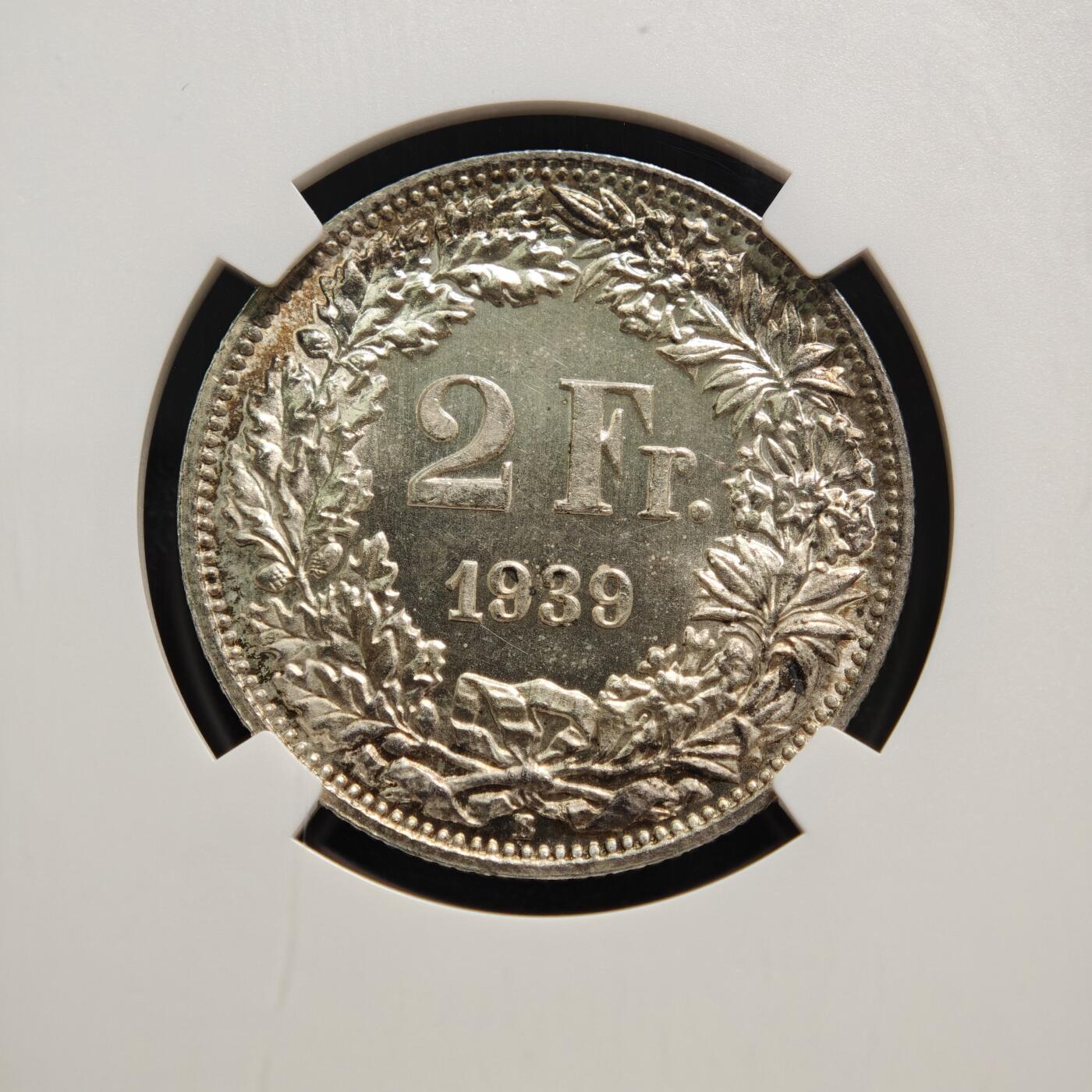 【德藏】世界币章拍卖第152期（拍品征集中~欢迎藏友联系） 1939年 瑞士2法郎银币  原光十足 NGC MS64