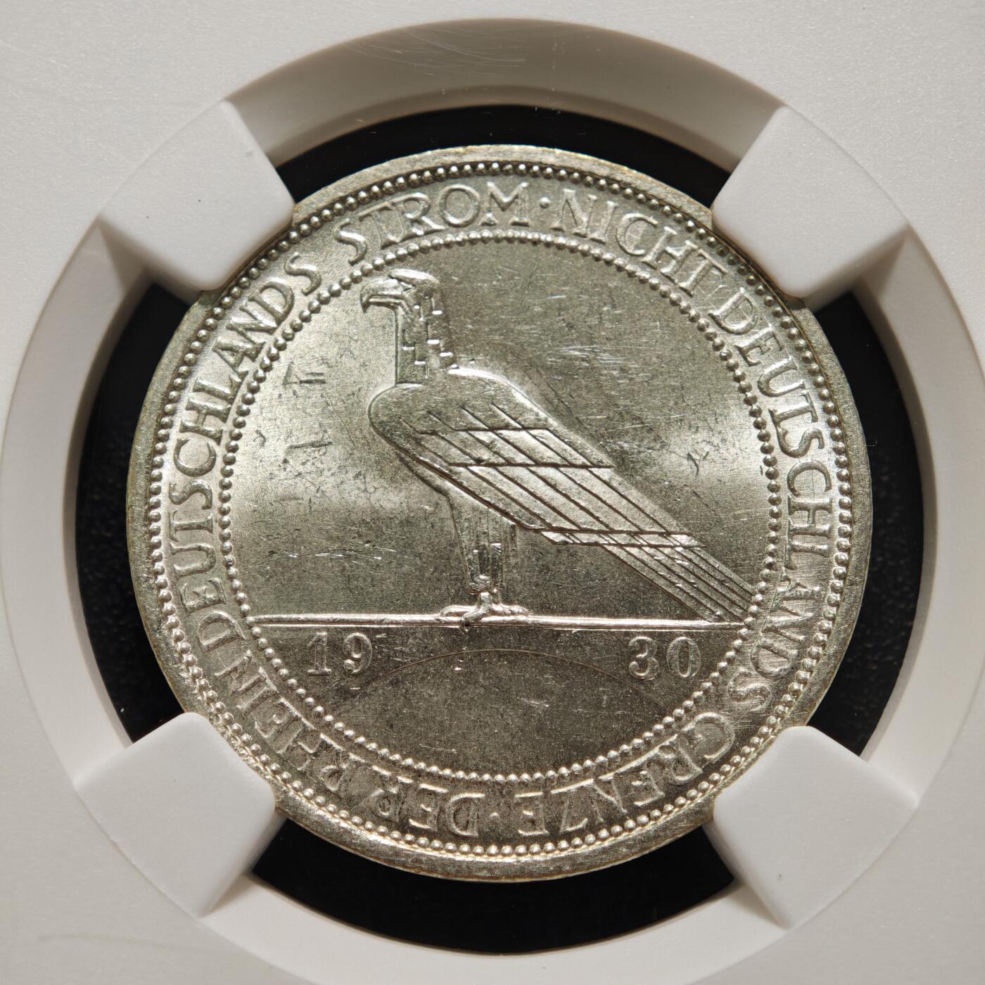 【德藏】世界币章拍卖第152期（拍品征集中~欢迎藏友联系） 1930年 德国魏玛莱茵解放鹰桥3马克银币 原光极强 状态极佳 NGC MS61