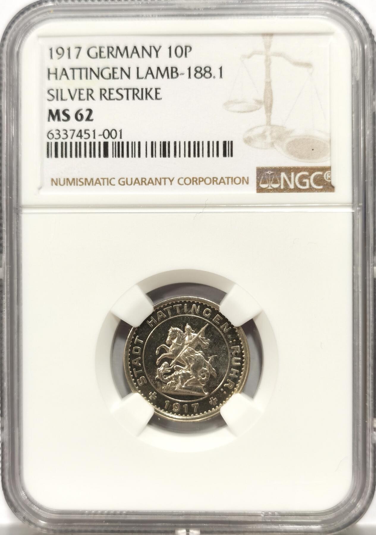 博洋堂“物美丰成”11月精品专场暨第145期（全场包邮） NGC MS62 德国1917年黑廷根屠龙精制10芬尼银样币 NGC给了RESTRIKE，NGC错评，实际为原铸，发行量仅5枚，EXTREMELY RARE极少见