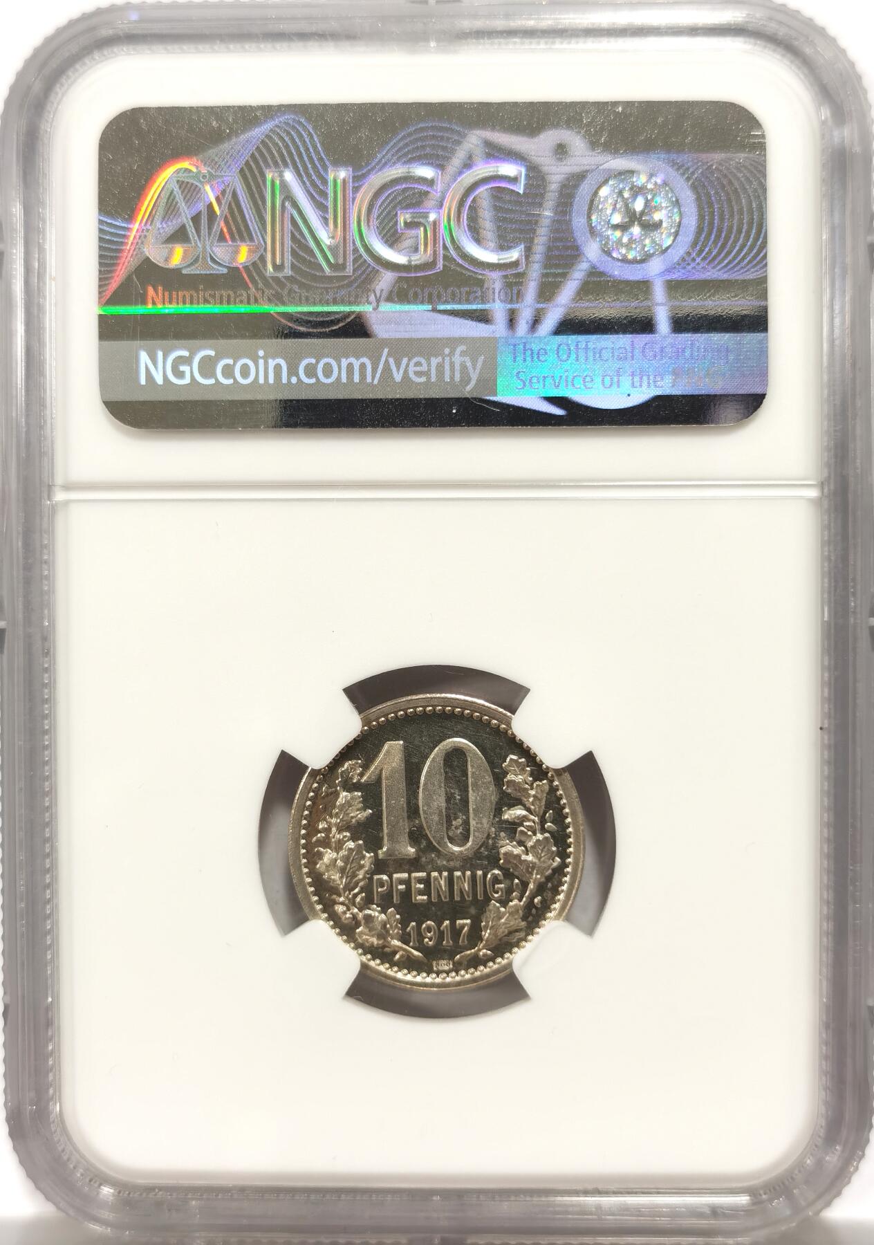 博洋堂“物美丰成”11月精品专场暨第145期（全场包邮） NGC MS62 德国1917年黑廷根屠龙精制10芬尼银样币 NGC给了RESTRIKE，NGC错评，实际为原铸，发行量仅5枚，EXTREMELY RARE极少见