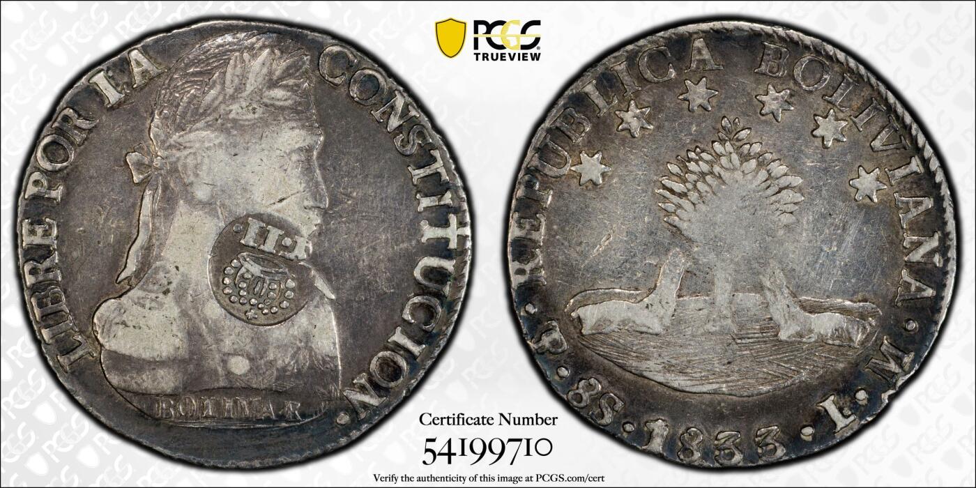 博洋堂“物美丰成”11月精品专场暨第145期（全场包邮） PCGS VF25 菲律宾1834-37年加盖玻利维亚1833年8S银币，热门加盖品种，有分难得，海外价很高