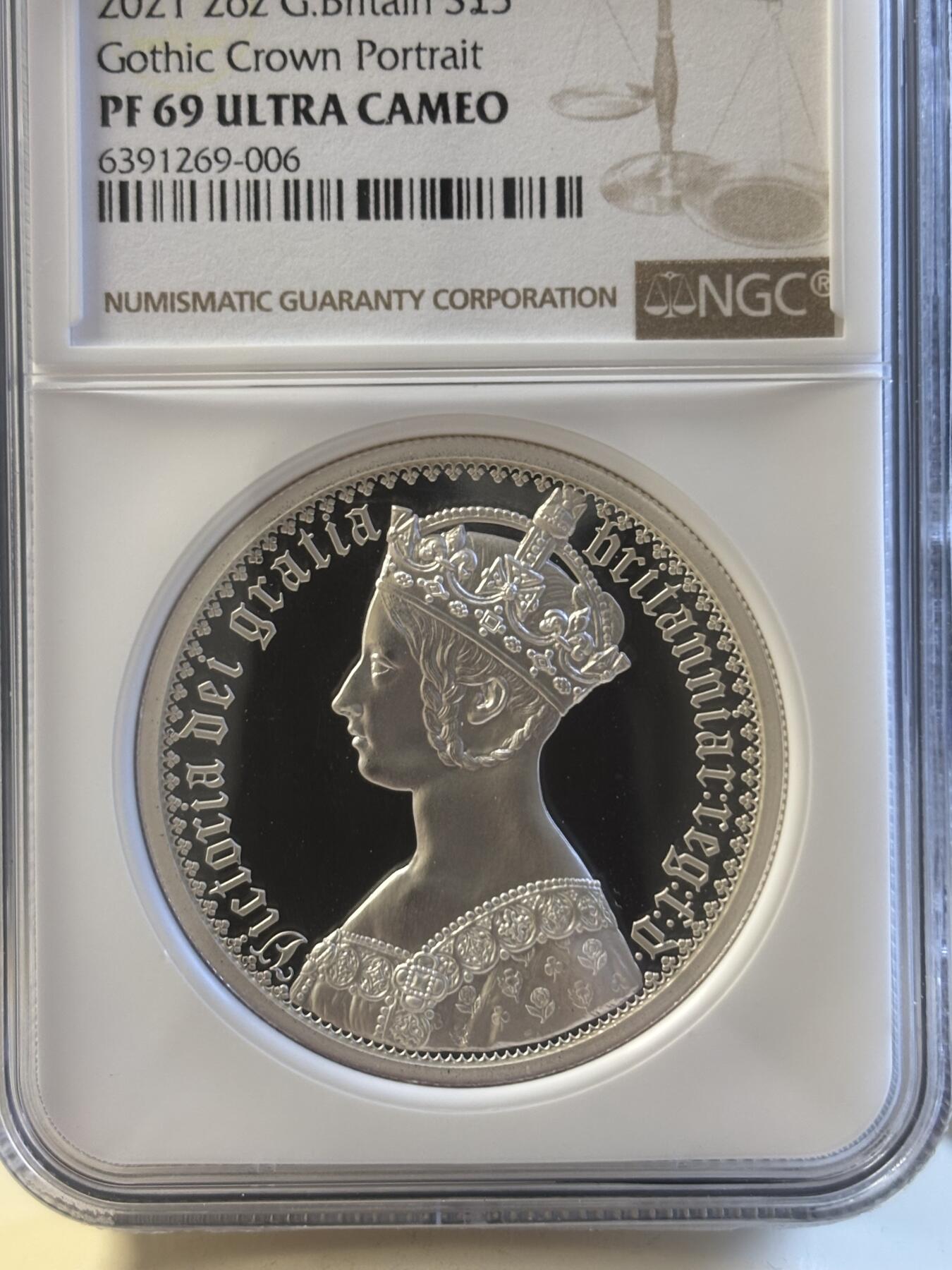 第181期拍卖  2021年英国5镑精制纪念加厚银币 雕刻师哥特人像NGC PF69无盒无证书，2盎司，999银