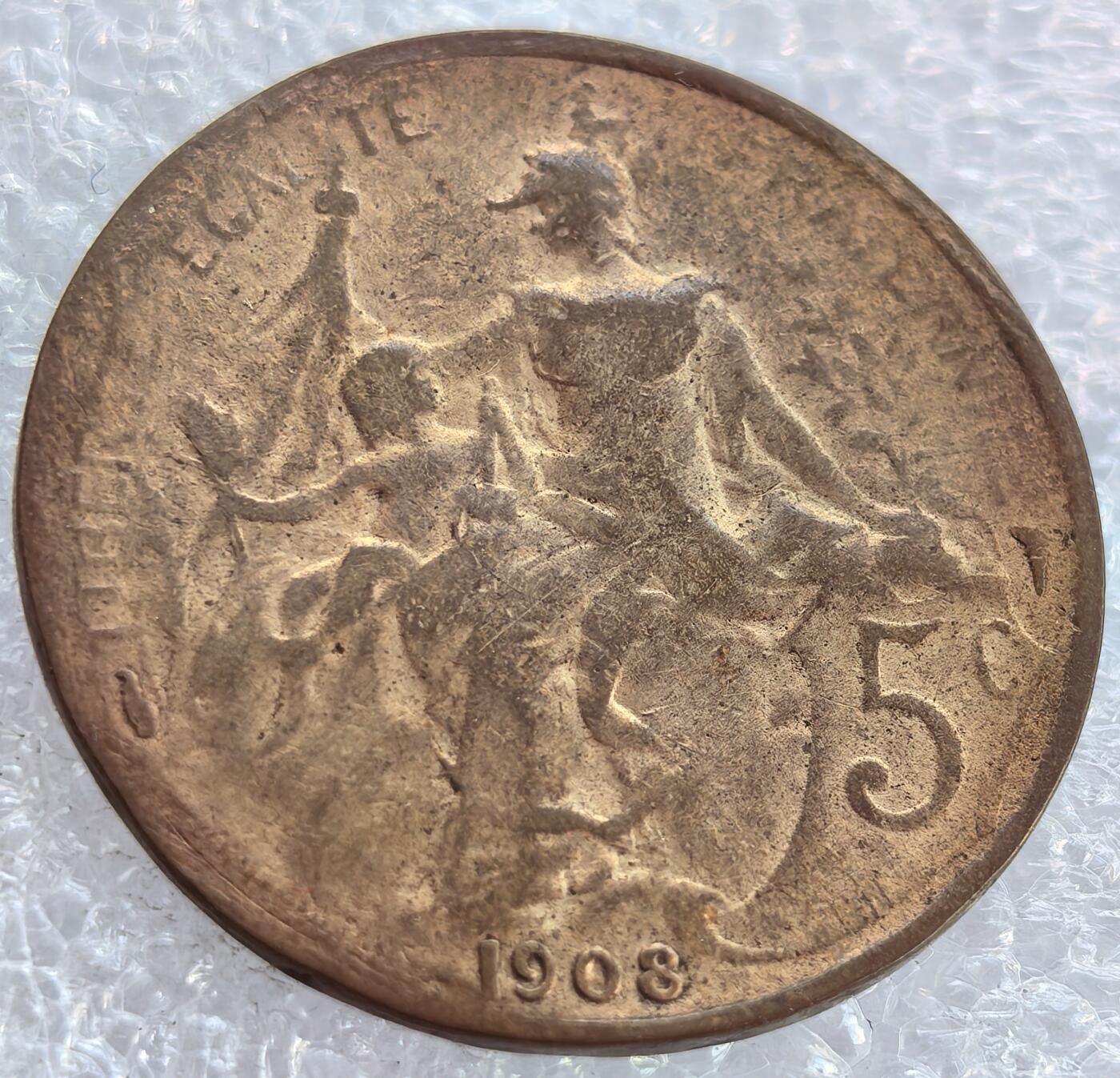  外国优质老铜币银币，周六九点倒数截拍，满百包邮，可寄存半年，喜欢朋友微信扫描二维码可直接参拍 法国1908年5分