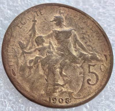  外国优质老铜币银币，周六九点倒数截拍，满百包邮，可寄存半年，喜欢朋友微信扫描二维码可直接参拍 - 法国1908年5分