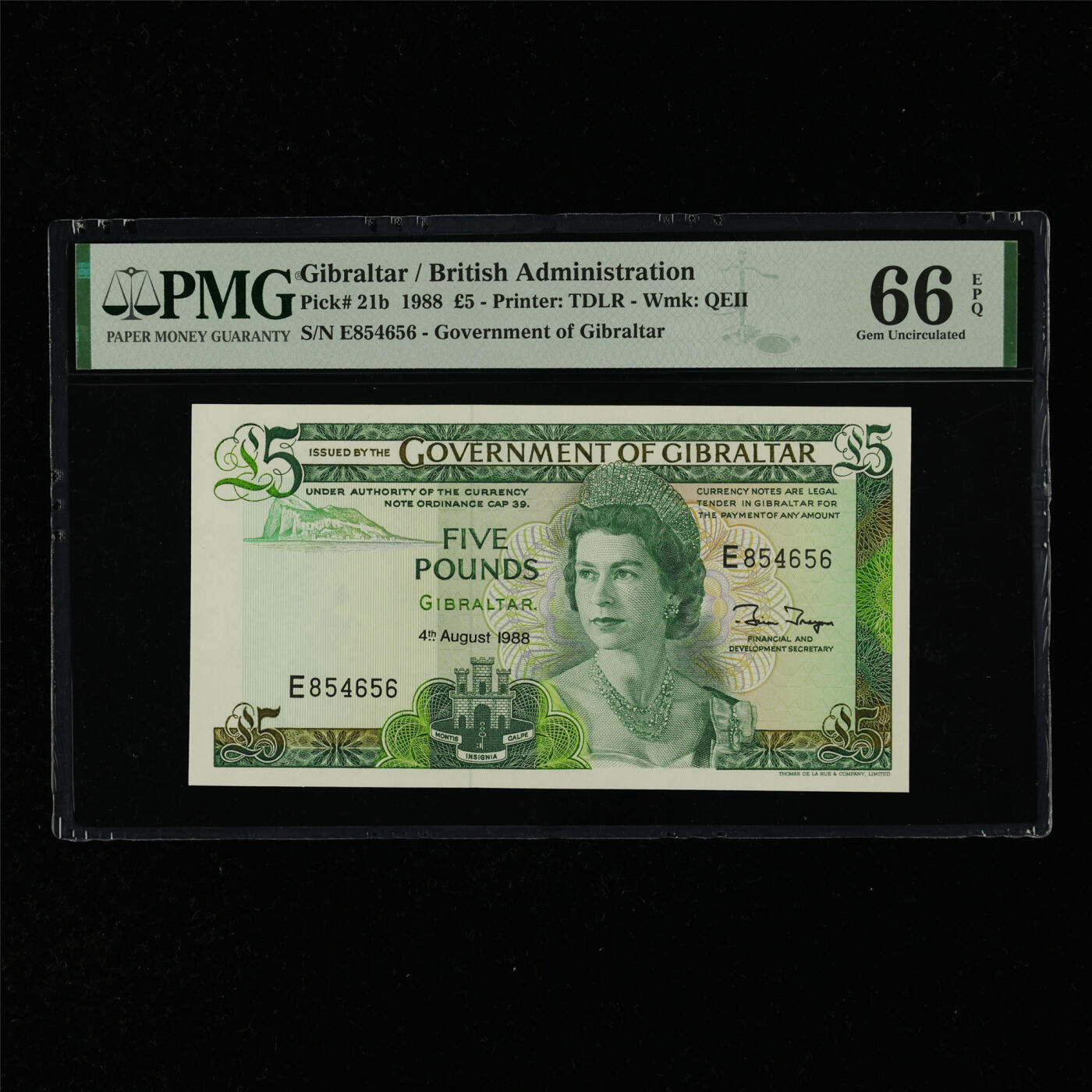 【亘邦集藏】第216期拍卖 1988年 直布罗陀5镑 PMG 66EPQ E854656