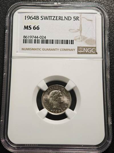 【德藏】世界币章拍卖第152期（拍品征集中~欢迎藏友联系） - 1964年 瑞士5生丁海尔维蒂女神镍币  原光十足 NGC MS66