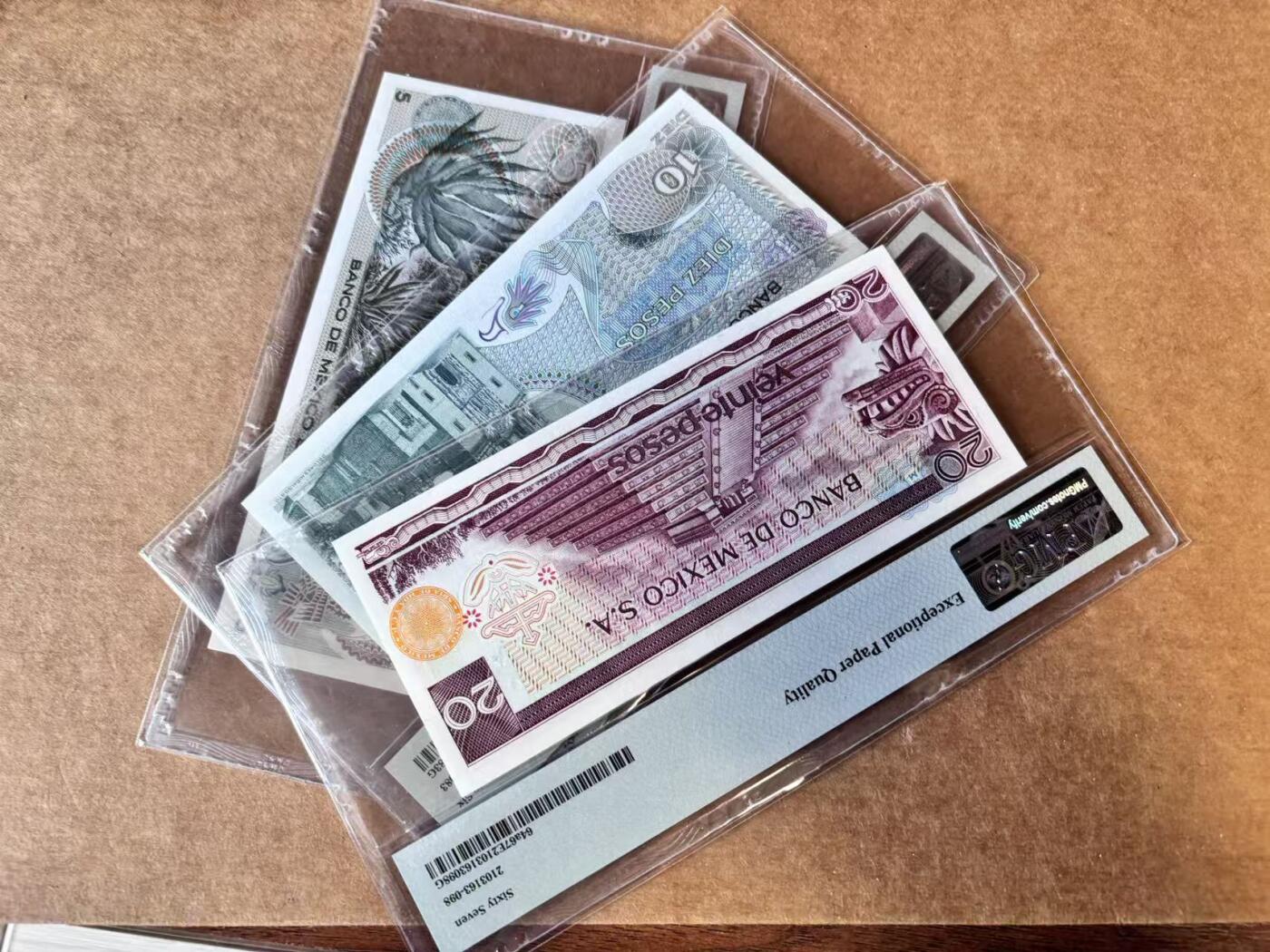 【Blue Auction】世界纸币精拍第747期——18级TOP拍卖/信誉/品质/专业/高效💫 【一组13张 首发全同千位小号无47】墨西哥 1969-88年5-10万比索 背面古迹 设计精美 PMG68EPQ-65EPQ 