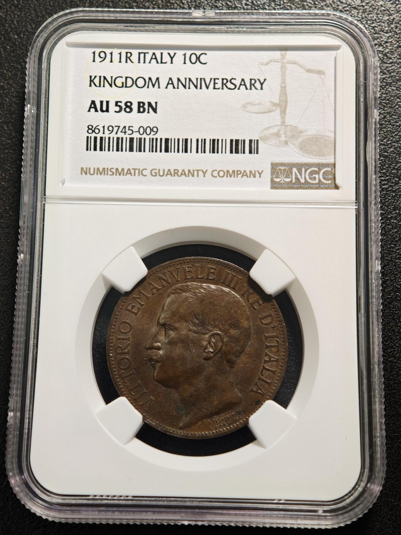 【德藏】世界币章拍卖第152期（拍品征集中~欢迎藏友联系） 1911年 意大利伊曼纽尔三世建国50周年10分纪念铜币(俗称托奶） 状态极佳 NGC AU58BN