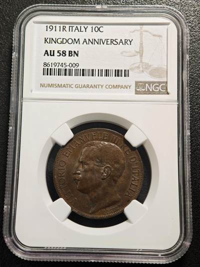 【德藏】世界币章拍卖第152期（拍品征集中~欢迎藏友联系） - 1911年 意大利伊曼纽尔三世建国50周年10分纪念铜币(俗称托奶） 状态极佳 NGC AU58BN