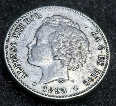 西班牙、丹属西印度、法属殖民地、乌拉圭银币古铜币，周五晚上九点倒数截拍，满百包邮，可寄存半年，喜欢朋友微信扫描二维码可直接参拍 - 少见品种西班牙1893年1比塞塔银币，km702