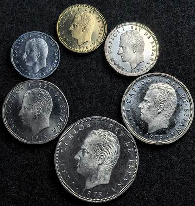 西班牙、丹属西印度、法属殖民地、乌拉圭银币古铜币，周五晚上九点倒数截拍，满百包邮，可寄存半年，喜欢朋友微信扫描二维码可直接参拍 - 西班牙1975年国王胡安卡洛斯登基精制纪念币6枚