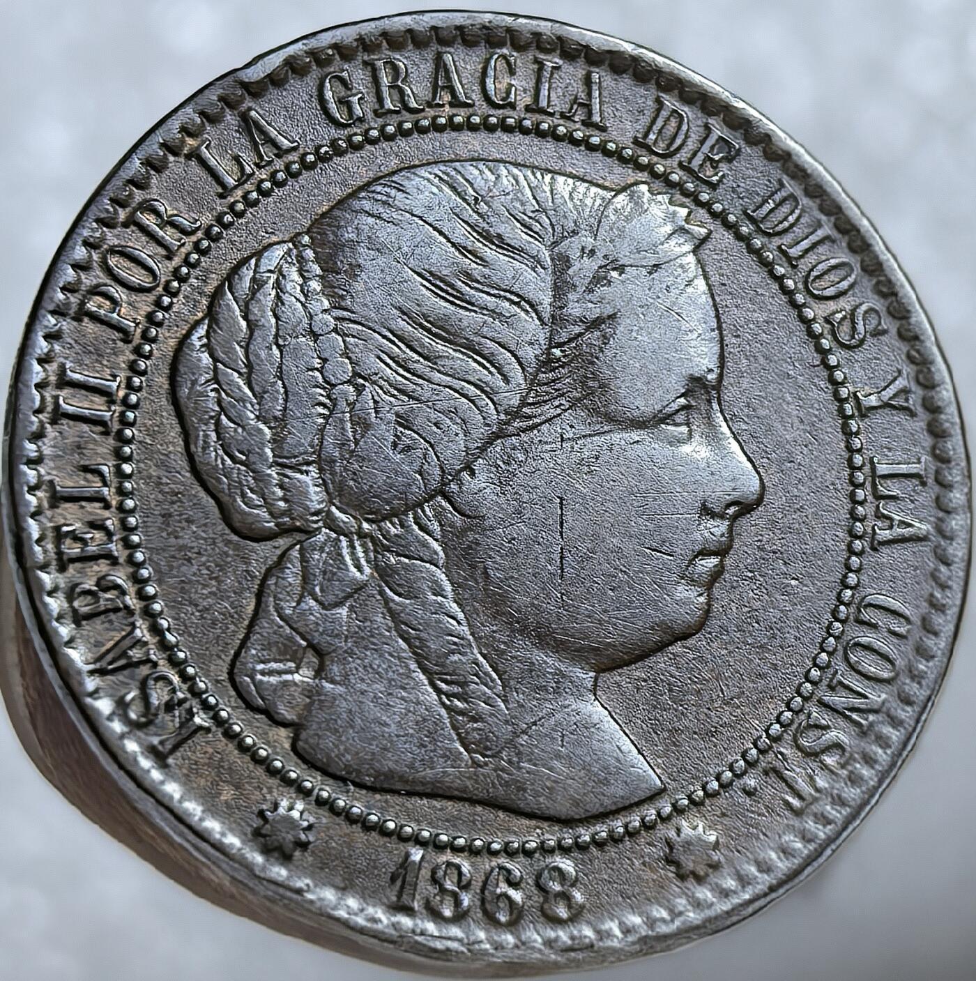 西班牙、丹属西印度、法属殖民地、乌拉圭银币古铜币，周五晚上九点倒数截拍，满百包邮，可寄存半年，喜欢朋友微信扫描二维码可直接参拍 西班牙1868年1分 km632