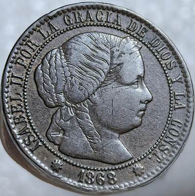 西班牙、丹属西印度、法属殖民地、乌拉圭银币古铜币，周五晚上九点倒数截拍，满百包邮，可寄存半年，喜欢朋友微信扫描二维码可直接参拍 - 西班牙1868年1分 km632