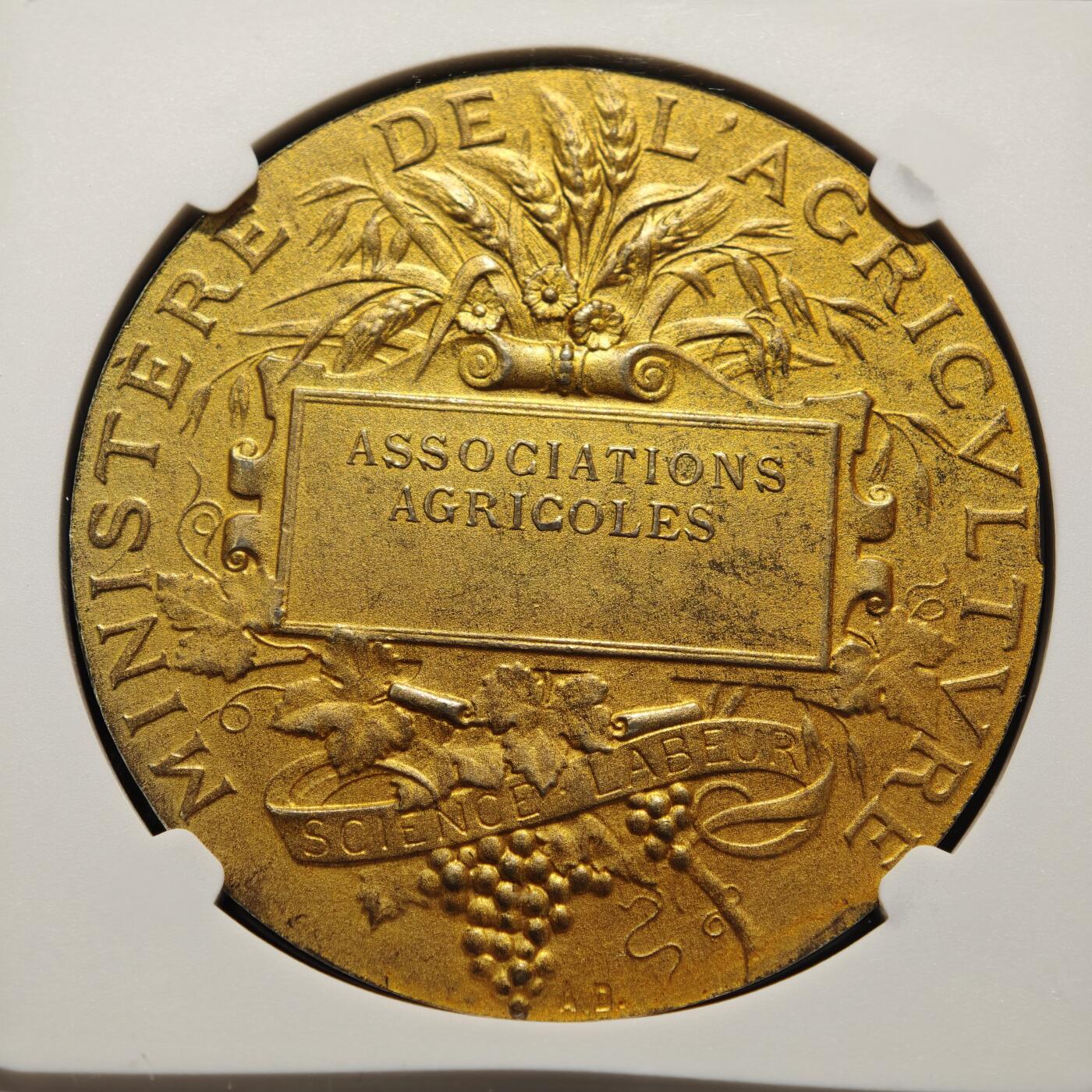 【德藏】世界币章拍卖第152期（拍品征集中~欢迎藏友联系） 19世纪末-20世纪初 法国农业协会奖章镀金纪念银章 金水十足 人物刻画传神 细节极其丰富 立体感非常强 NGC MS63