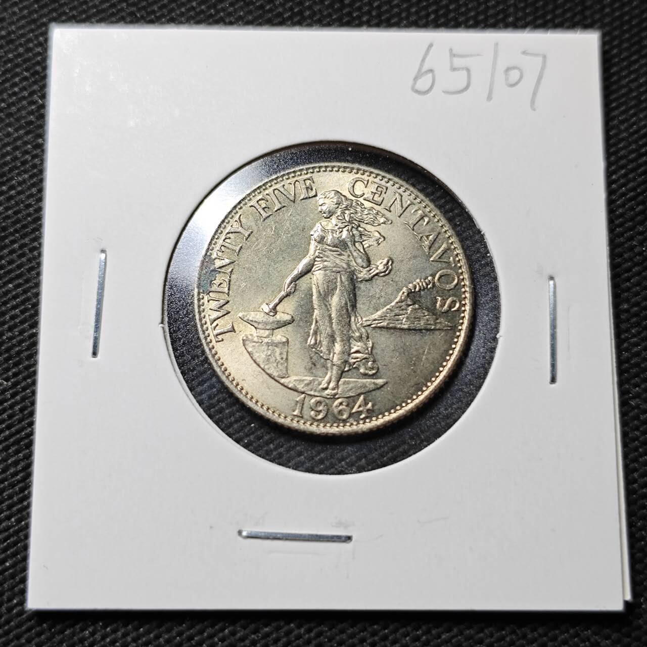 KK钱币收藏小铺  第365场  2月预留时间 周末发货  1964菲律宾25分打铁女神 好品