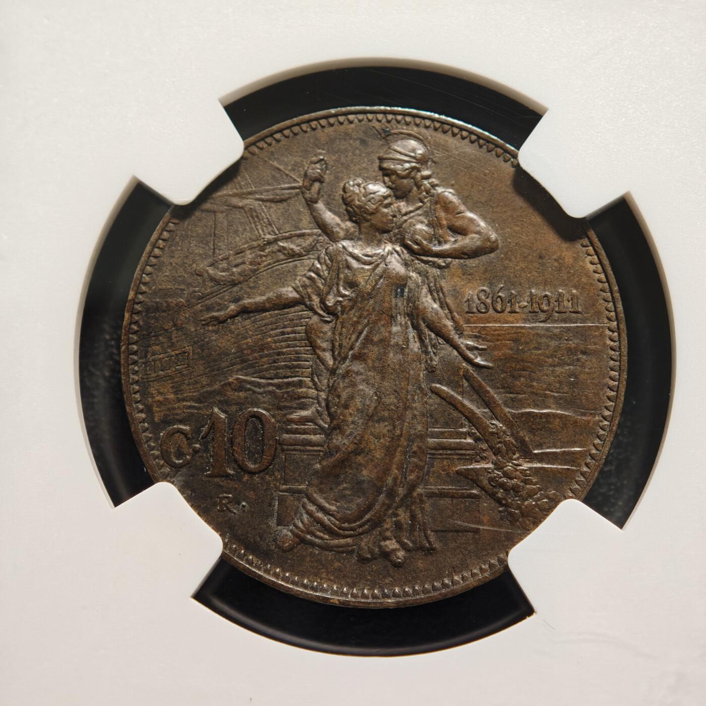 【德藏】世界币章拍卖第152期（拍品征集中~欢迎藏友联系） 1911年 意大利伊曼纽尔三世建国50周年10分纪念铜币(俗称托奶） 状态极佳 NGC AU58BN