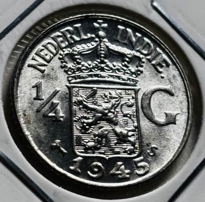 文馨钱币收藏第 279 场，银币，纪念铜章场 长期接收代拍品 - 原光 MS 品 1945 年荷属东印度 1/4 盾银币，威廉明娜时期 S 版