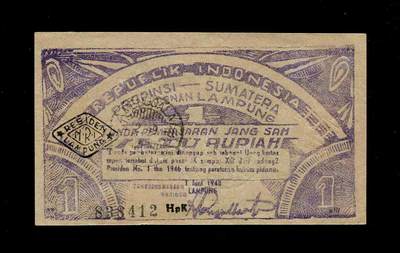 11月9号晚上8点 外国纸币自动截拍第54场 -  印度尼西亚 荷兰入侵的战争 苏门答腊，楠榜1948年1盾