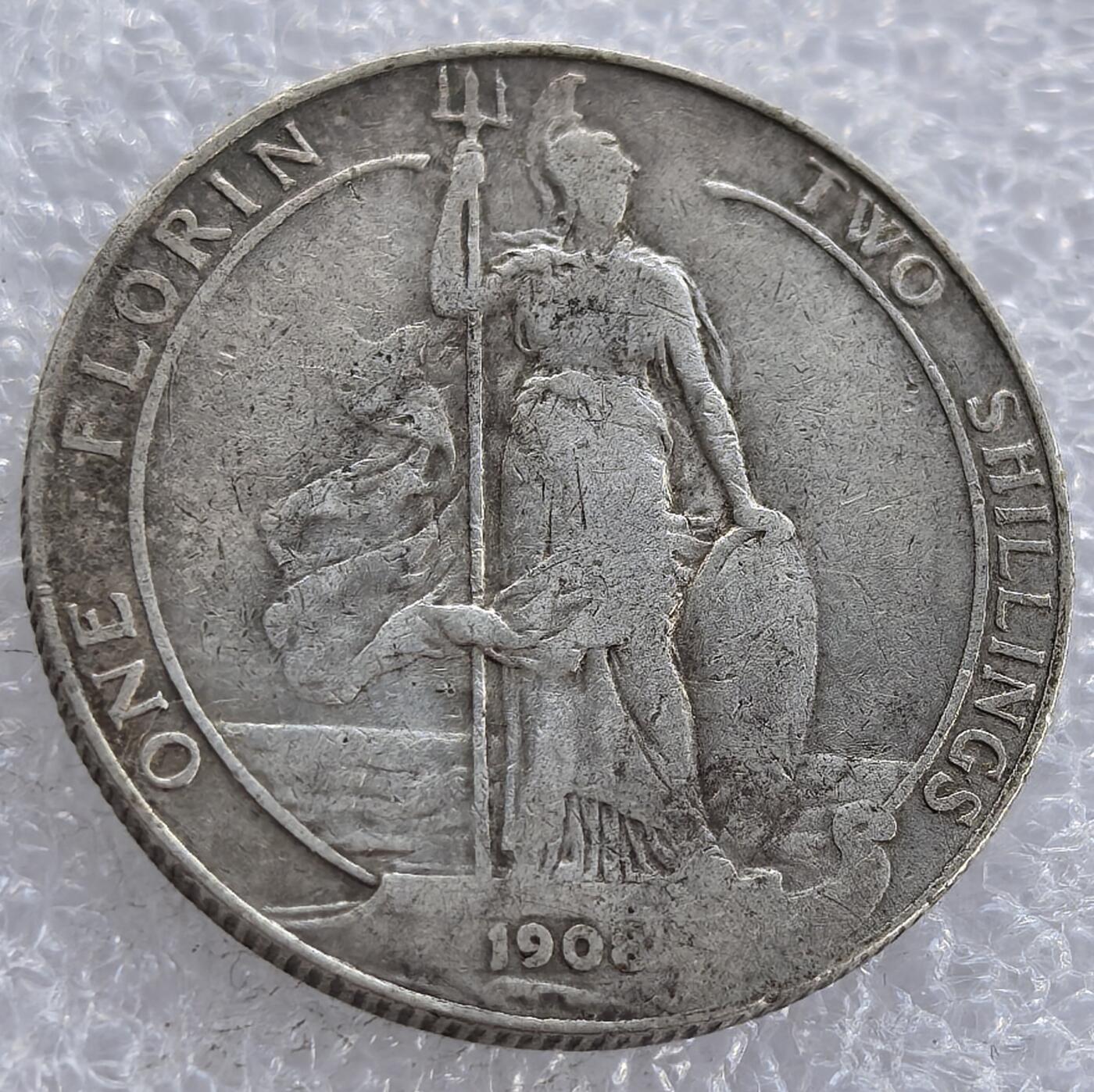  外国优质老铜币银币，周六九点倒数截拍，满百包邮，可寄存半年，喜欢朋友微信扫描二维码可直接参拍 英国1908年海王波塞顿2先令银币