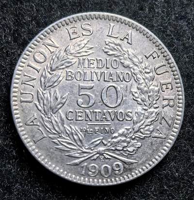 西班牙、丹属西印度、法属殖民地、乌拉圭银币古铜币，周五晚上九点倒数截拍，满百包邮，可寄存半年，喜欢朋友微信扫描二维码可直接参拍 - 好品相玻利维亚1909年50分银币,km177