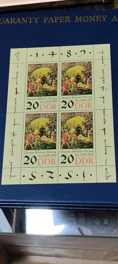 德国邮票专场，都是小型张、小全张 - 德国邮票，1988年发行，历史绘画   农民起义领袖  闵采尔。品相如图