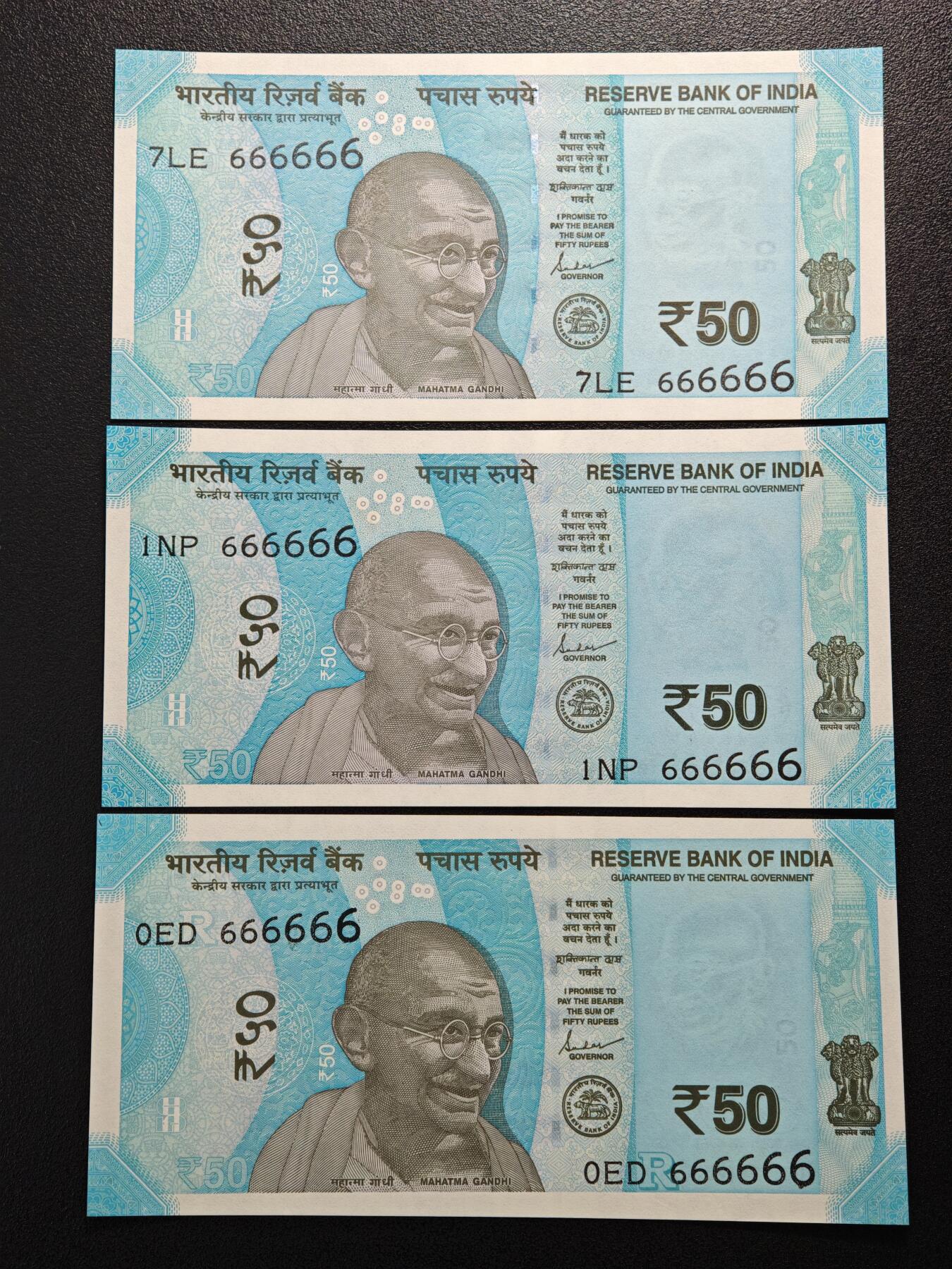 【德藏】世界币章拍卖第152期（拍品征集中~欢迎藏友联系）  顶级靓号 3张一组 印度50卢比 666666 小通天号