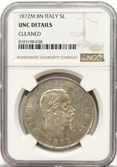 博洋堂“物美丰成”11月精品专场暨第145期（全场包邮） - NGC UNCD 意大利1872年伊曼纽尔5里拉银币 带光好品 本土热门的品种