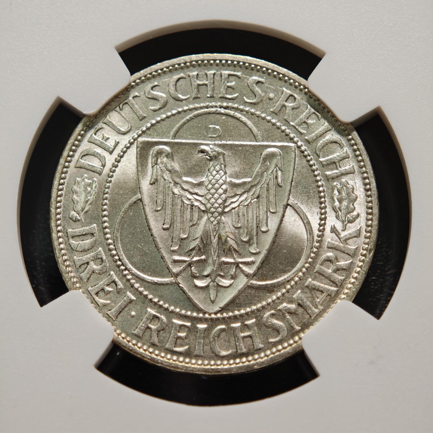 【德藏】世界币章拍卖第152期（拍品征集中~欢迎藏友联系） 1930年 德国魏玛莱茵解放鹰桥3马克银币 原光极强 状态极佳 NGC MS61