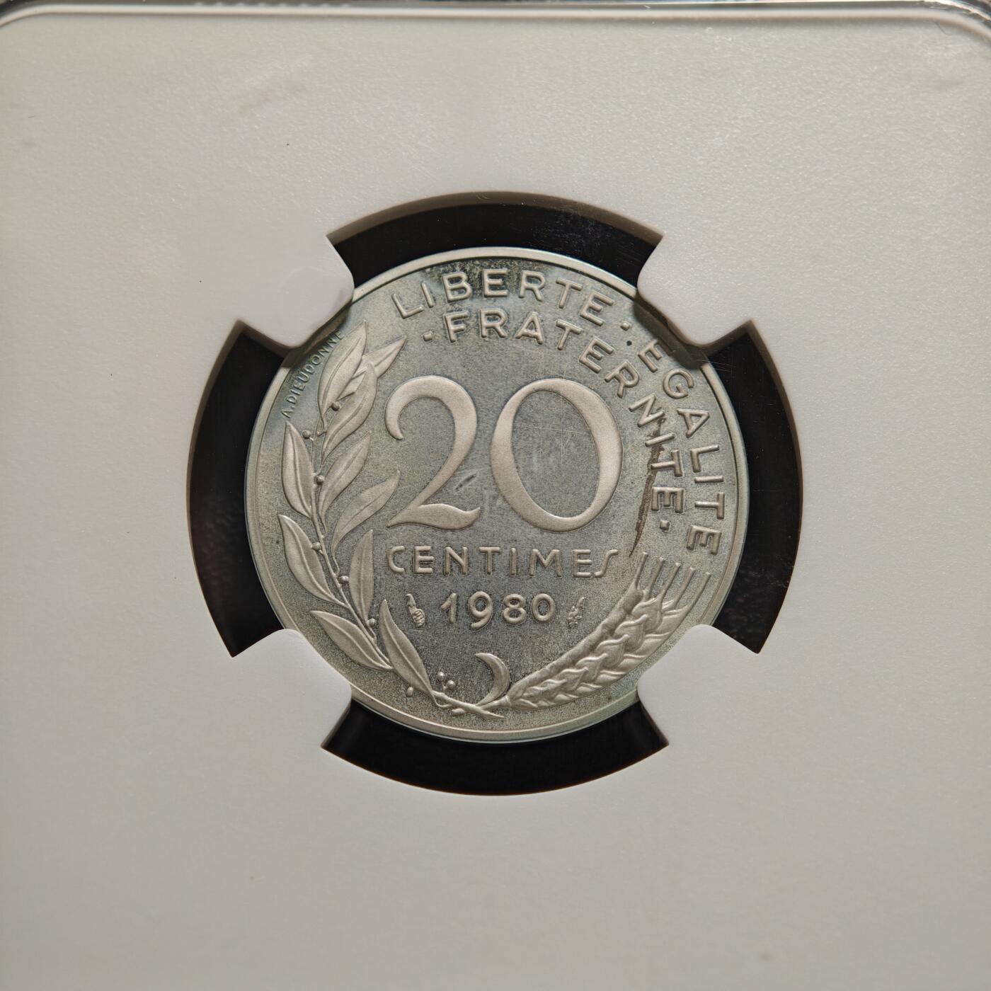 【德藏】世界币章拍卖第152期（拍品征集中~欢迎藏友联系） 唯一冠军分  1980年 法国第五共和国20分加厚精制银币 950银10.27克 资料显示发行量仅820枚 NGC PF67CAMEO