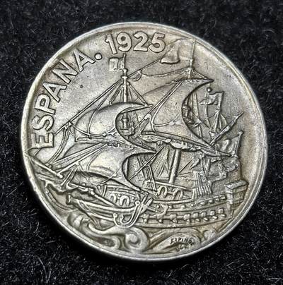 西班牙、丹属西印度、法属殖民地、乌拉圭银币古铜币，周五晚上九点倒数截拍，满百包邮，可寄存半年，喜欢朋友微信扫描二维码可直接参拍 - 少见好品相西班牙1925年25分，km740