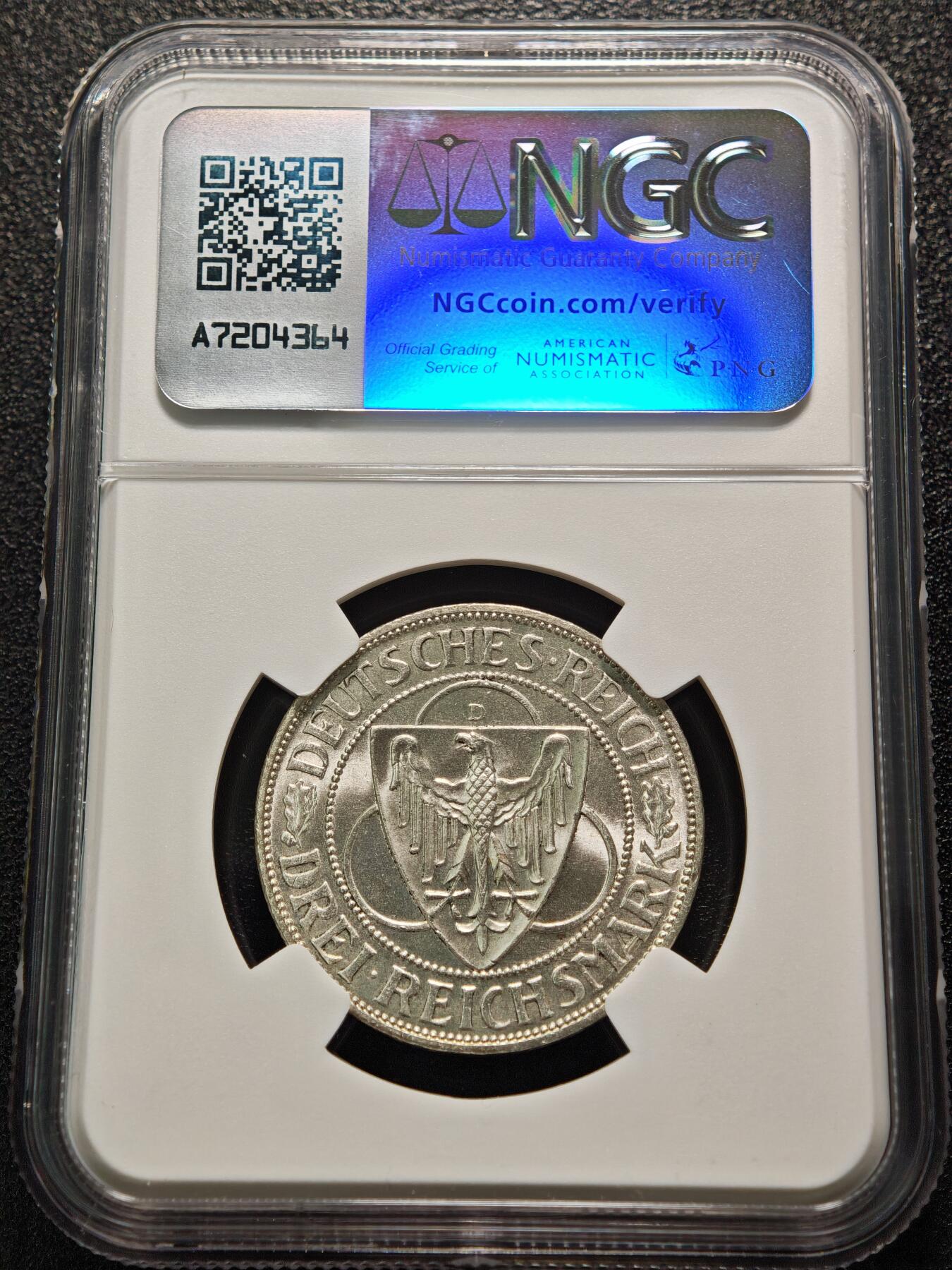 【德藏】世界币章拍卖第152期（拍品征集中~欢迎藏友联系） 1930年 德国魏玛莱茵解放鹰桥3马克银币 原光极强 状态极佳 NGC MS61