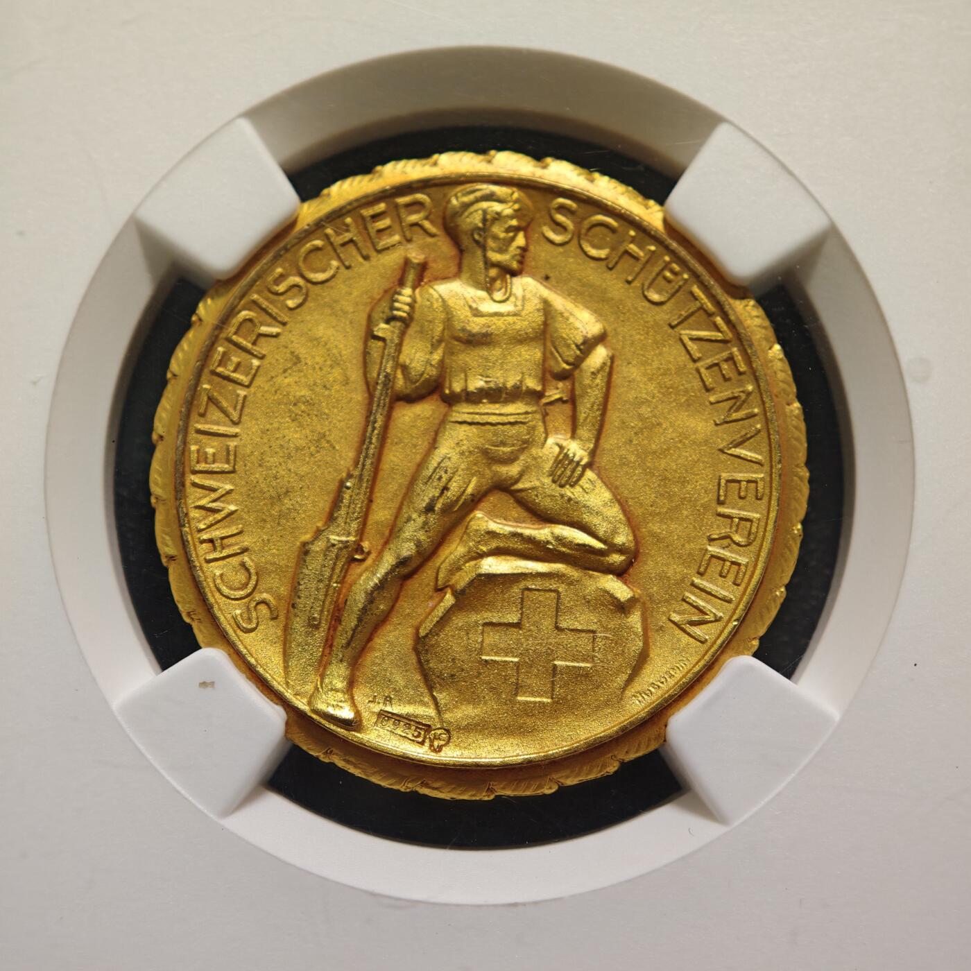 【德藏】世界币章拍卖第152期（拍品征集中~欢迎藏友联系） 1920-30年 瑞士射击节镀金银章  金水十足 射击节系列经典品种 NGC MS66