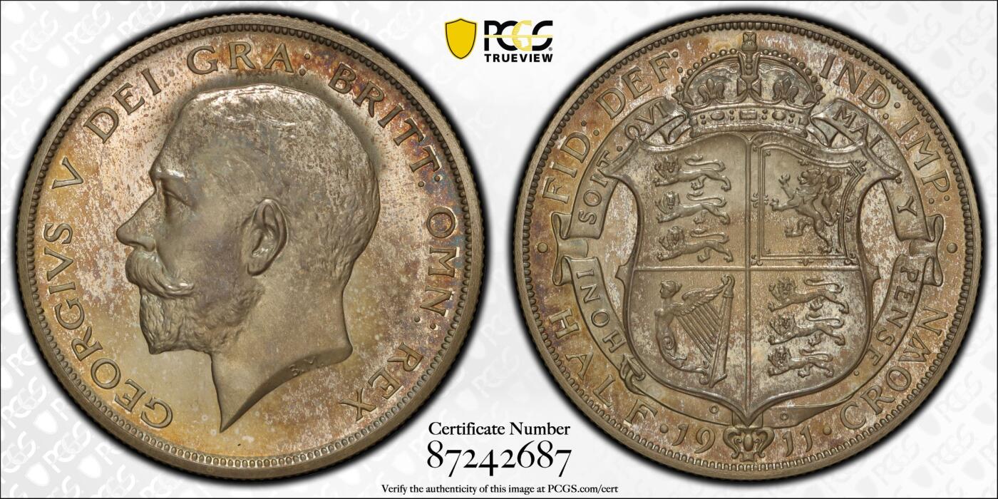 博洋堂“物美丰成”11月精品专场暨第145期（全场包邮） PCGS PR65 英国1911年乔治五世1/2克朗精制银币 镜面效果很好，发财金好彩，状态贼好