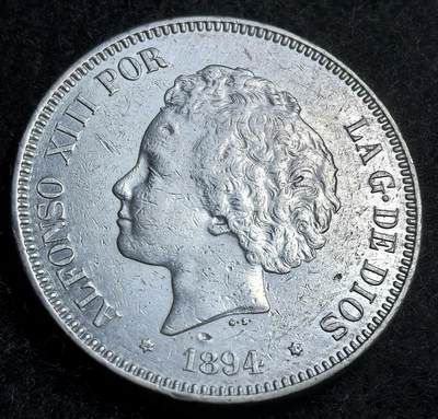 西班牙、丹属西印度、法属殖民地、乌拉圭银币古铜币，周五晚上九点倒数截拍，满百包邮，可寄存半年，喜欢朋友微信扫描二维码可直接参拍 - AU品相西班牙1894年5比塞塔大银币，km700