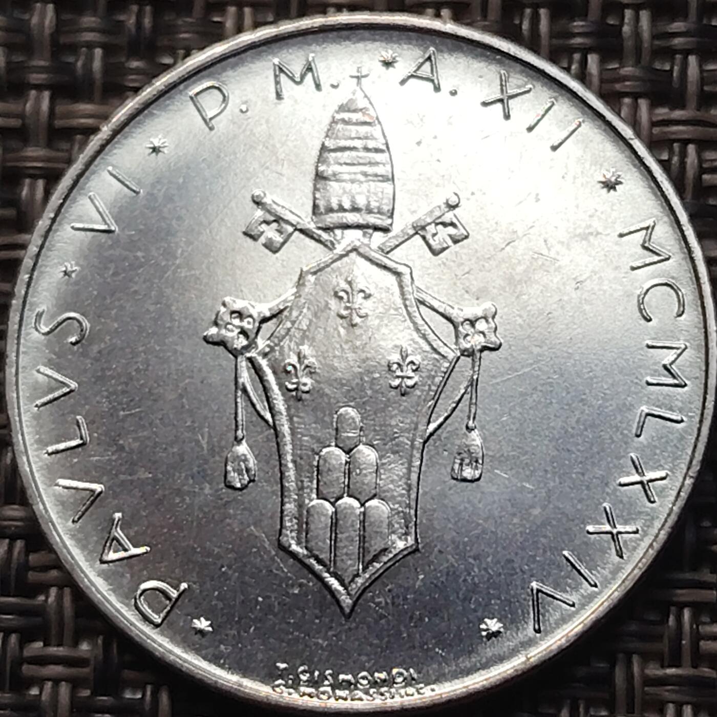 布加迪🐬～世界钱币(上海)🌾第 258 期 /  各国套币和散币 梵蒂冈🇻🇦 1970年 100里拉 和平鸽 27.9mm