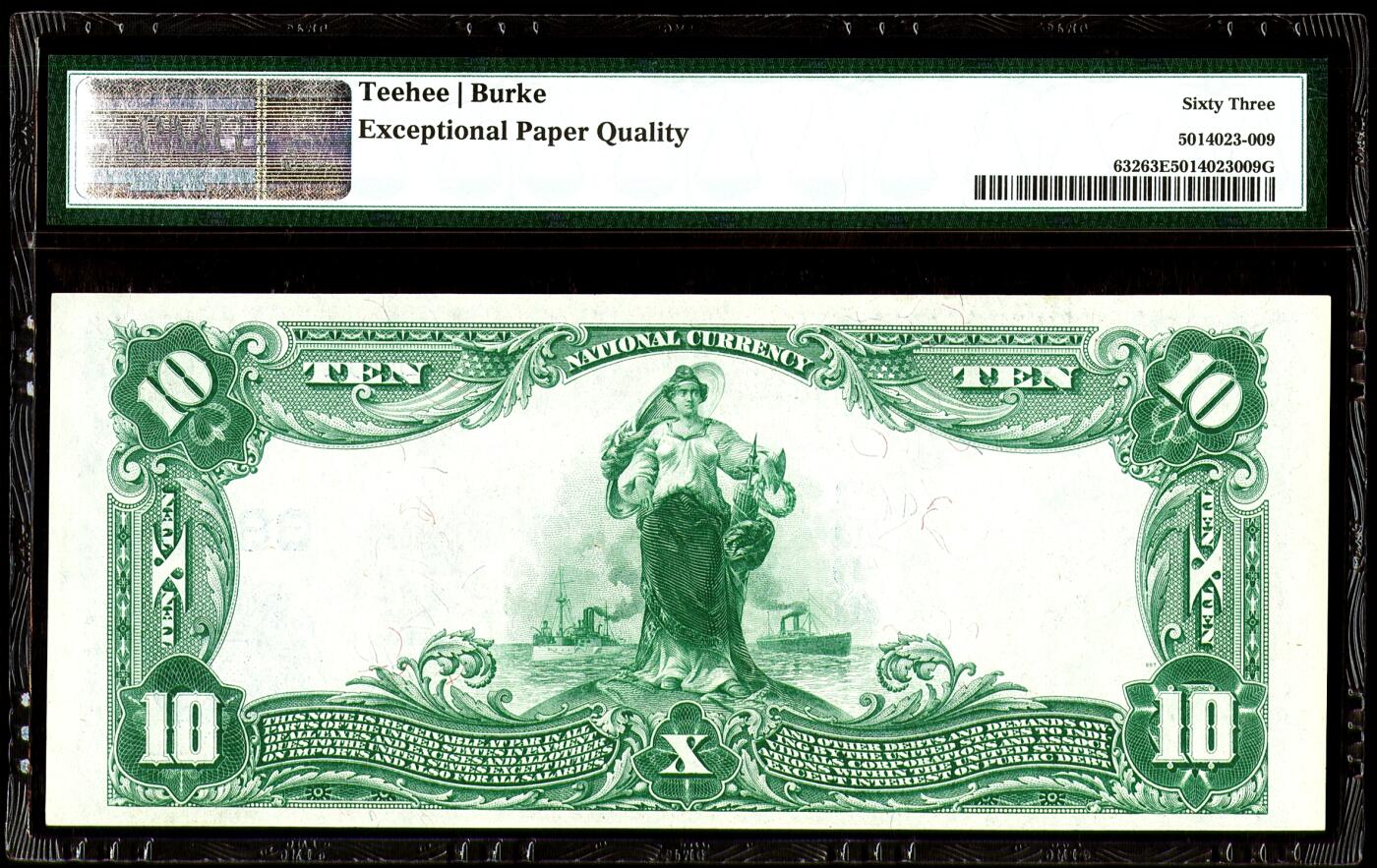 【Blue Auction】世界纸币精拍第747期——18级TOP拍卖/信誉/品质/专业/高效💫 【手签字迹清晰】美国 威斯康辛州 密尔沃基（现在NBA雄鹿队所在地） 1902年10美金 正面人物为美国第25任总统威廉·麦金莱（也是500美金上的人物）背面女神&蒸汽船&军舰 象征工业化革命 PMG63EPQ 大票幅雕刻精美 老壳 