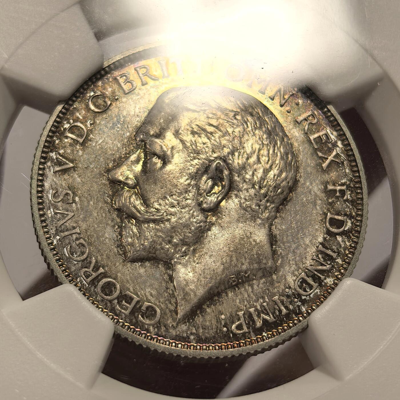 博洋堂“物美丰成”11月精品专场暨第145期（全场包邮） NGC PF67 英国1911年乔治五世精制1弗洛林银币 英系经典品种，镜面效果好，尤其背面，蓝金彩，少见彩系，非常漂亮