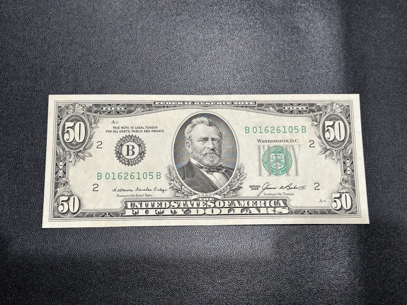 《外钞收藏家》第五百八十二期（精品场）（本平台长期征集拍品、欢迎藏友们联系合作） 1985年美国小头版50美元 AU品相 软折