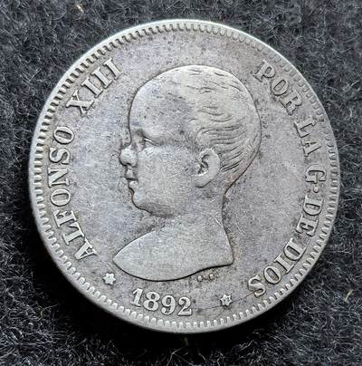 西班牙、丹属西印度、法属殖民地、乌拉圭银币古铜币，周五晚上九点倒数截拍，满百包邮，可寄存半年，喜欢朋友微信扫描二维码可直接参拍 - XF品相西班牙1892年2比塞塔银币，km692