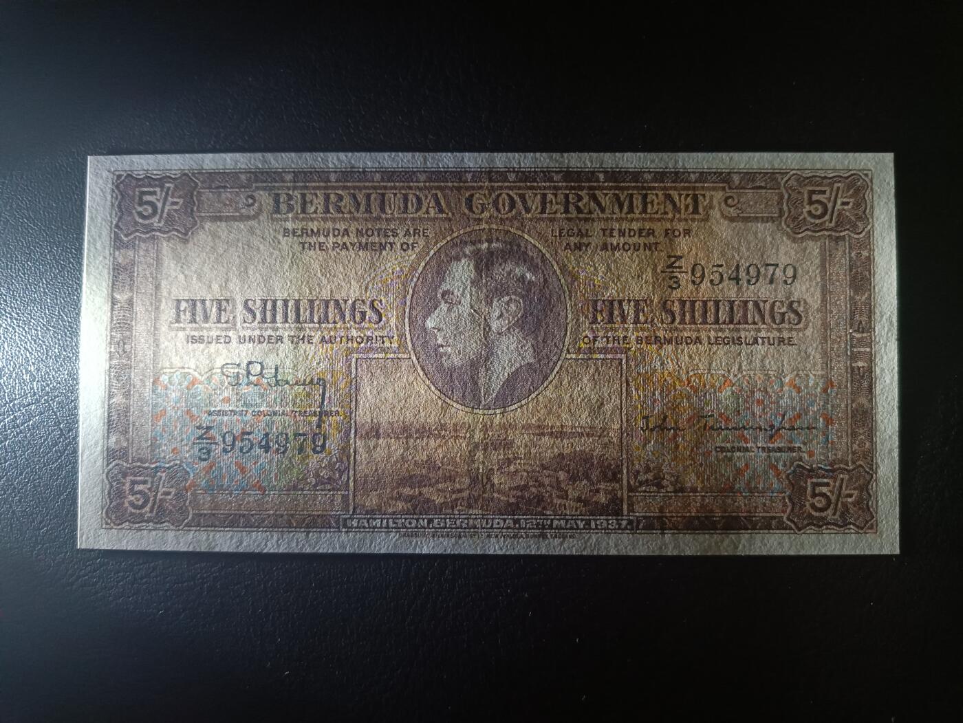 2025十一月第二期，总第200期 英属百慕大1937版5先令AUNC，乔治六世国王和总督府徽章