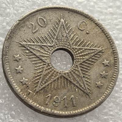  外国优质老铜币银币，周六九点倒数截拍，满百包邮，可寄存半年，喜欢朋友微信扫描二维码可直接参拍 - 比属刚果1911年20分