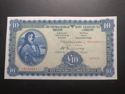 2025十一月第二期，总第200期 - 爱尔兰1974年10镑AUNC无47，爱尔兰人格化象征“拉维利夫人”，稀有的中高面值