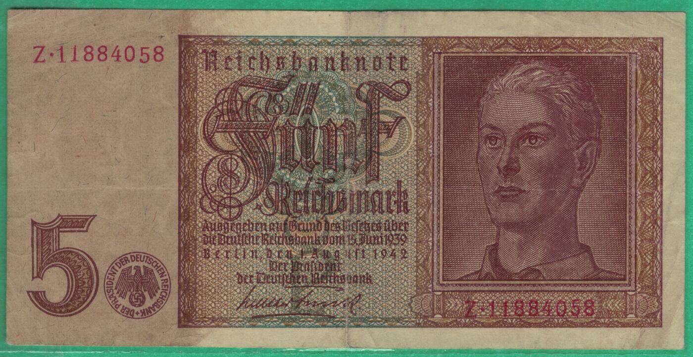 德国1940年至1945年5马克(二战时期) P-R138b 八位号码版 尾8 实物图 八五品