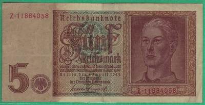 德国1940年至1945年5马克(二战时期) P-R138b 八位号码版 尾8 实物图 八五品 - 德国1940年至1945年5马克(二战时期) P-R138b 八位号码版 尾8 实物图 八五品