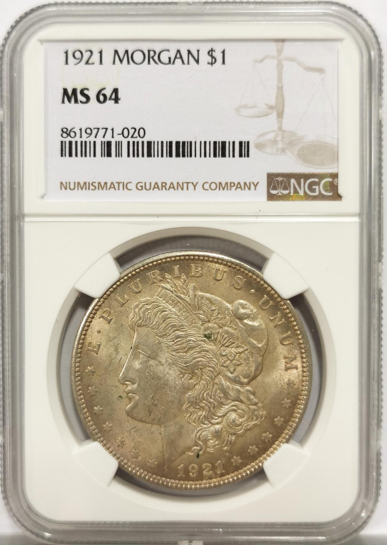 博洋堂“物美丰成”11月精品专场暨第145期（全场包邮） NGC MS64 美国1921年摩根银币，双面极美淡黄油包浆，转光好品。