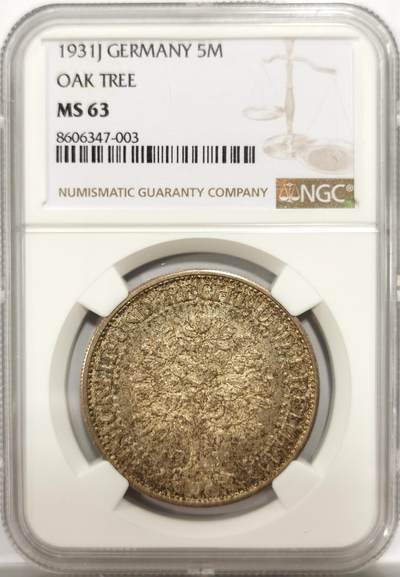 博洋堂“物美丰成”11月精品专场暨第145期（全场包邮） - NGC MS63 德国魏玛1931年大橡树5马克银币，“J”版的流通很少，金色的包浆，低评状态。