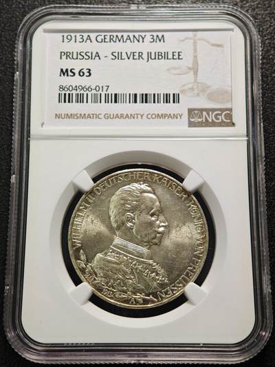 【德藏】世界币章拍卖第152期（拍品征集中~欢迎藏友联系） - 1913年 德国普鲁士威廉二世军装3马克银币 转光犀利 原光极强 NGC MS63