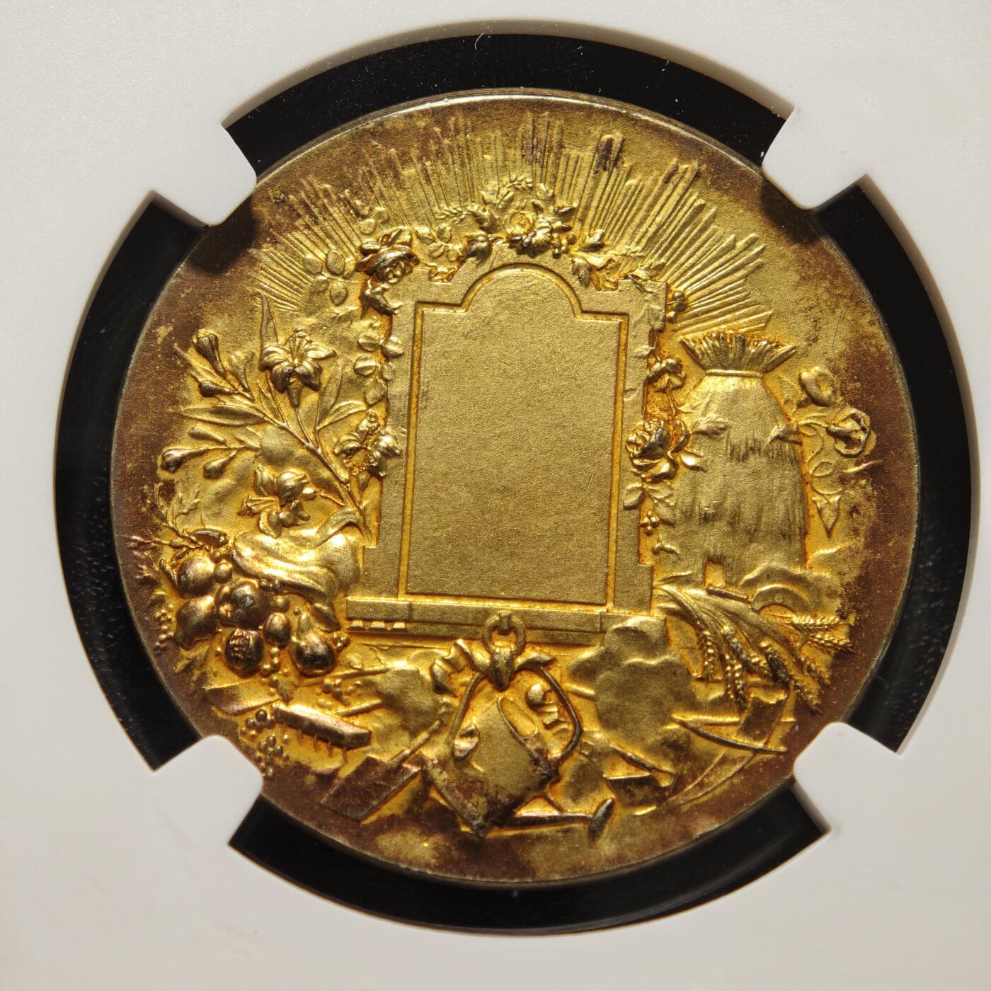 【德藏】世界币章拍卖第152期（拍品征集中~欢迎藏友联系） 19世纪 法国农业协会奖章镀金纪念银章 未刻字 设计细节丰富 立体感非常强 NGC MS63