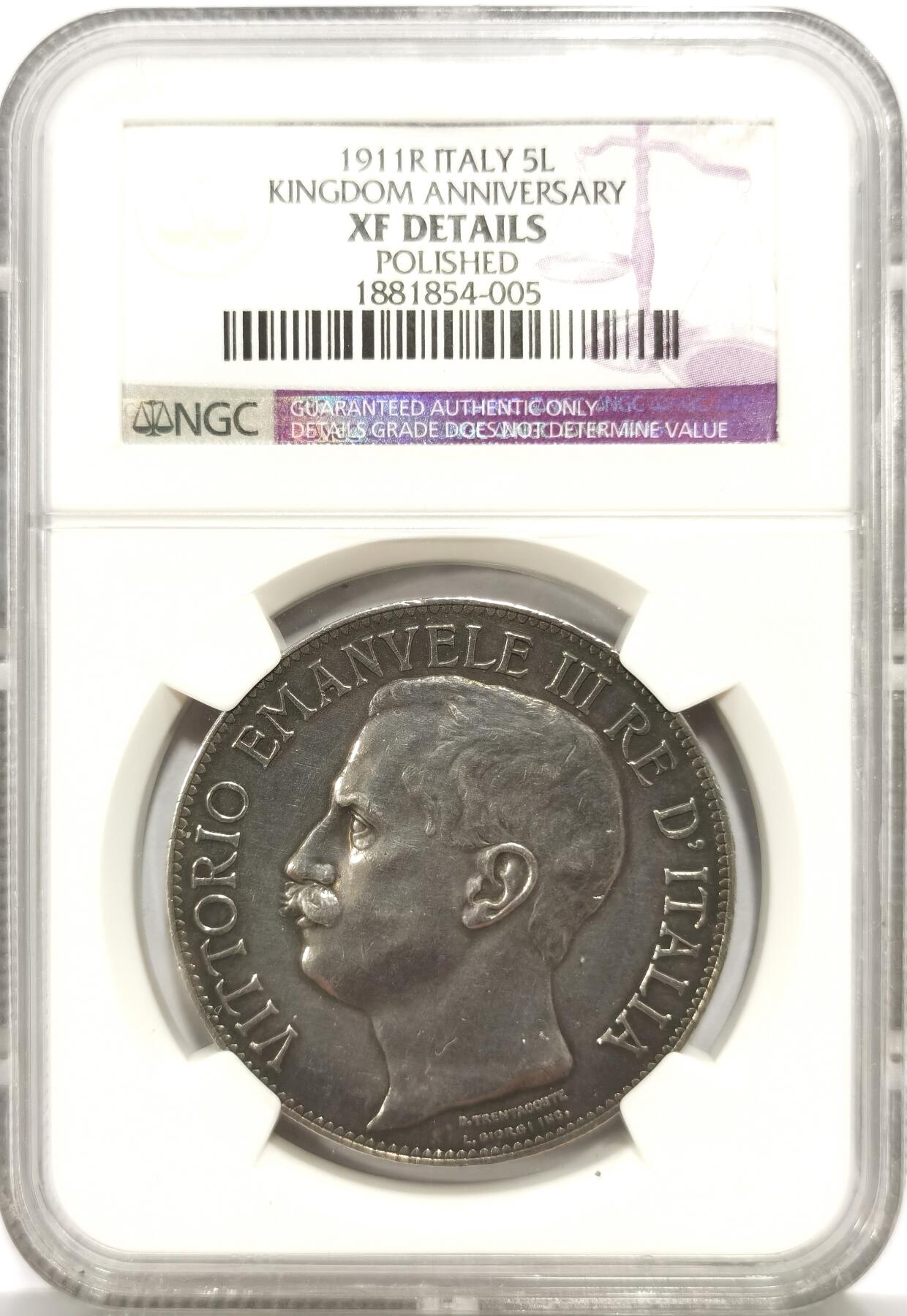 博洋堂“物美丰成”11月精品专场暨第145期（全场包邮） NGC XF 意大利1911年建国50周年托奶5里拉大银币，大名誉品